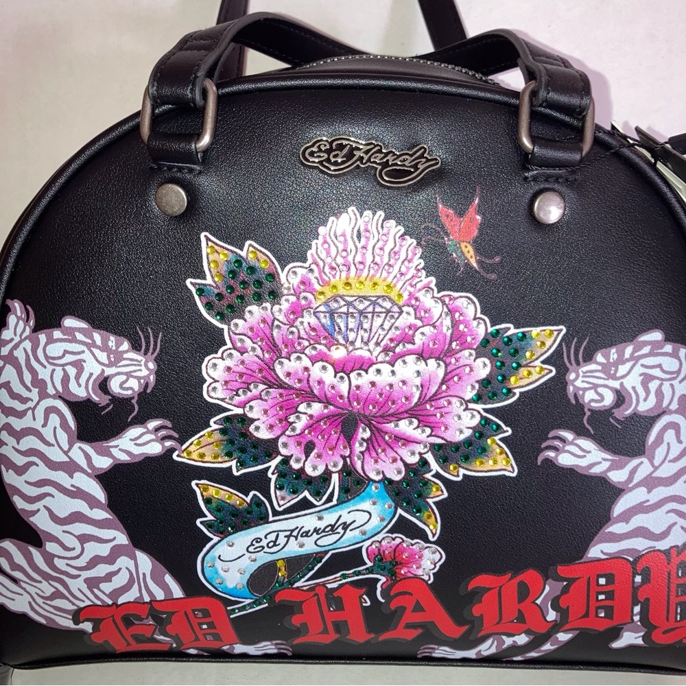 Ed Hardy Black Bowler Bag with Pink Floral Graphic New
